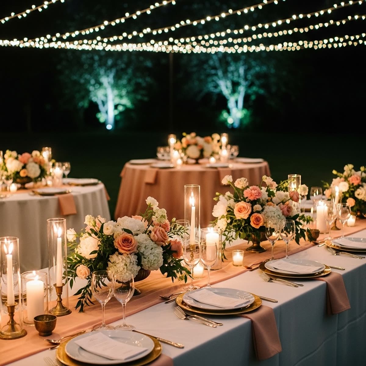Long candlelit tables under strings of fairy lights