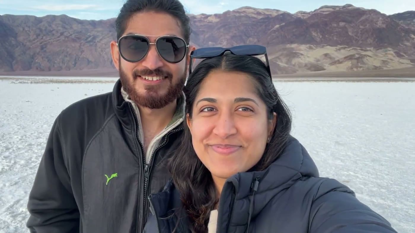 Abirami and Prateek on the salt flats at Death Valley